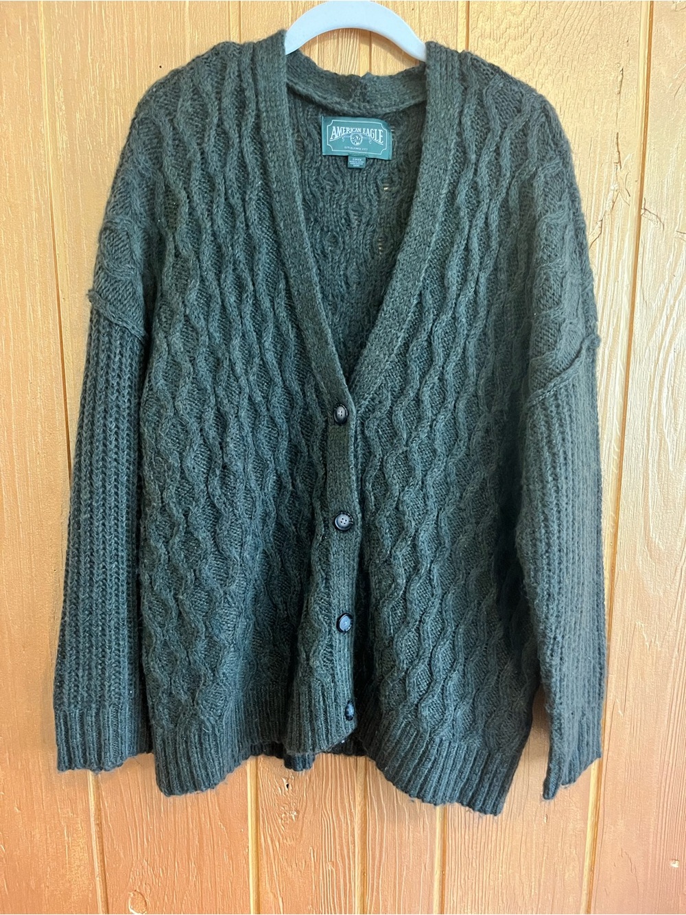 American Eagle Outfitters Oversized Olive Green Cable-Knit Button Cardigan